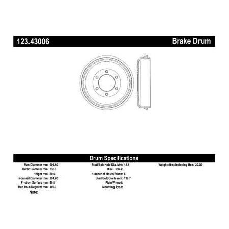 Centric C-Tek Standard Brake Drum, C-Tek 123.43006 123.43006